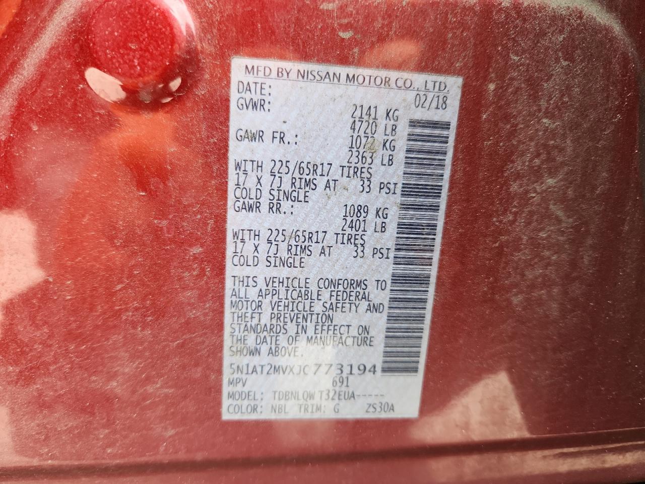 2018 Nissan Rogue S VIN: 5N1AT2MVXJC773194 Lot: 84711645