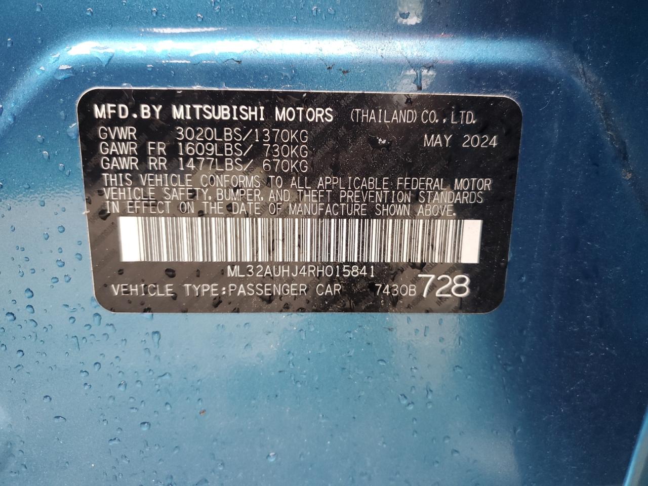 2024 Mitsubishi Mirage Es VIN: ML32AUHJ4RH015841 Lot: 80656565