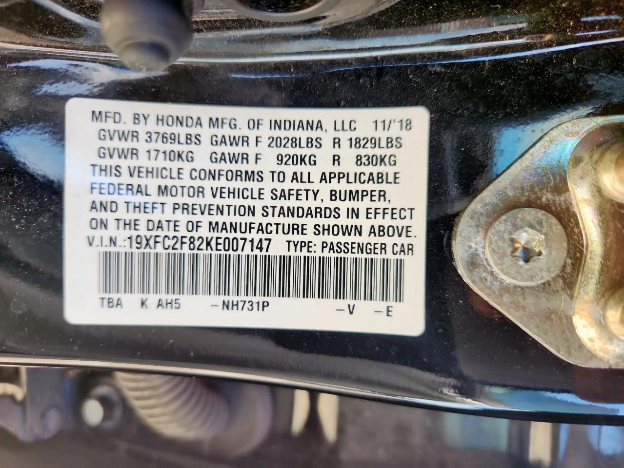 2019 Honda Civic Sport VIN: 19XFC2F82KE007147 Lot: 81693685