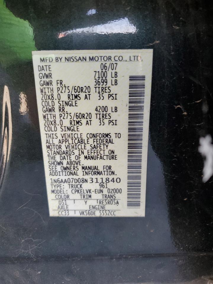 2008 Nissan Titan Xe VIN: 1N6AA07D08N311840 Lot: 81675235
