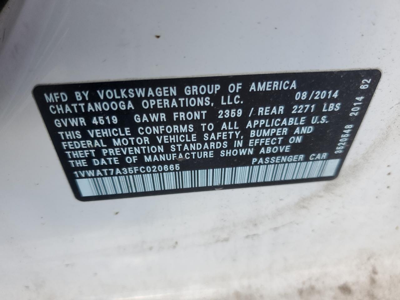 2015 Volkswagen Passat S VIN: 1VWAT7A35FC020665 Lot: 81085465