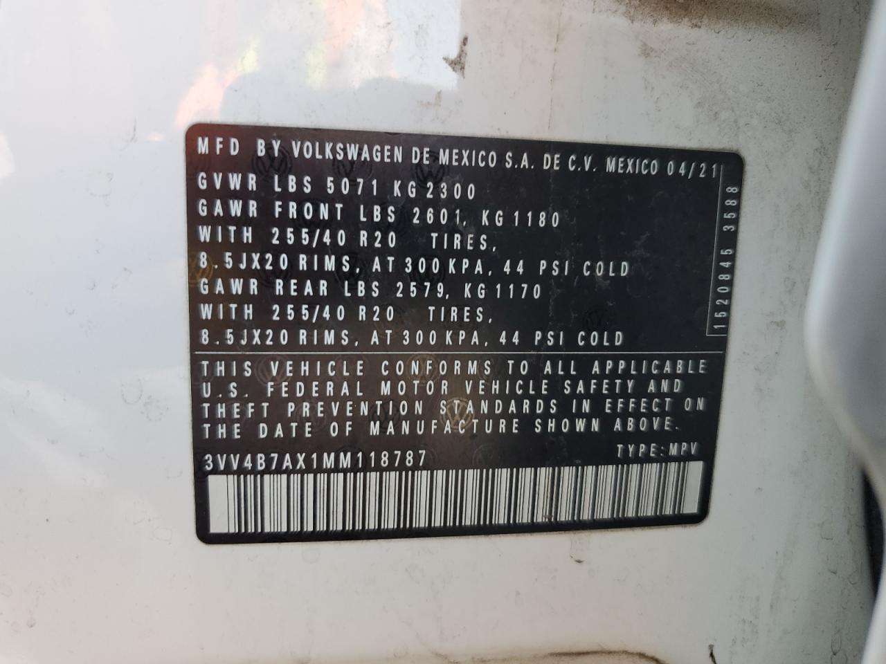 2021 Volkswagen Tiguan Sel Premium R-Line VIN: 3VV4B7AX1MM118787 Lot: 71269535