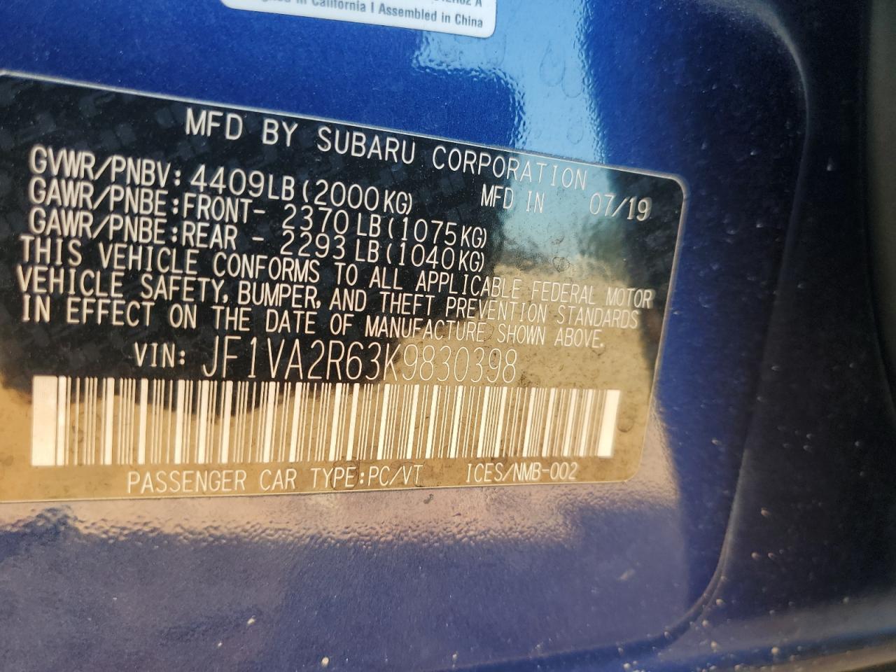 2019 Subaru Wrx Sti VIN: JF1VA2R63K9830398 Lot: 71842285