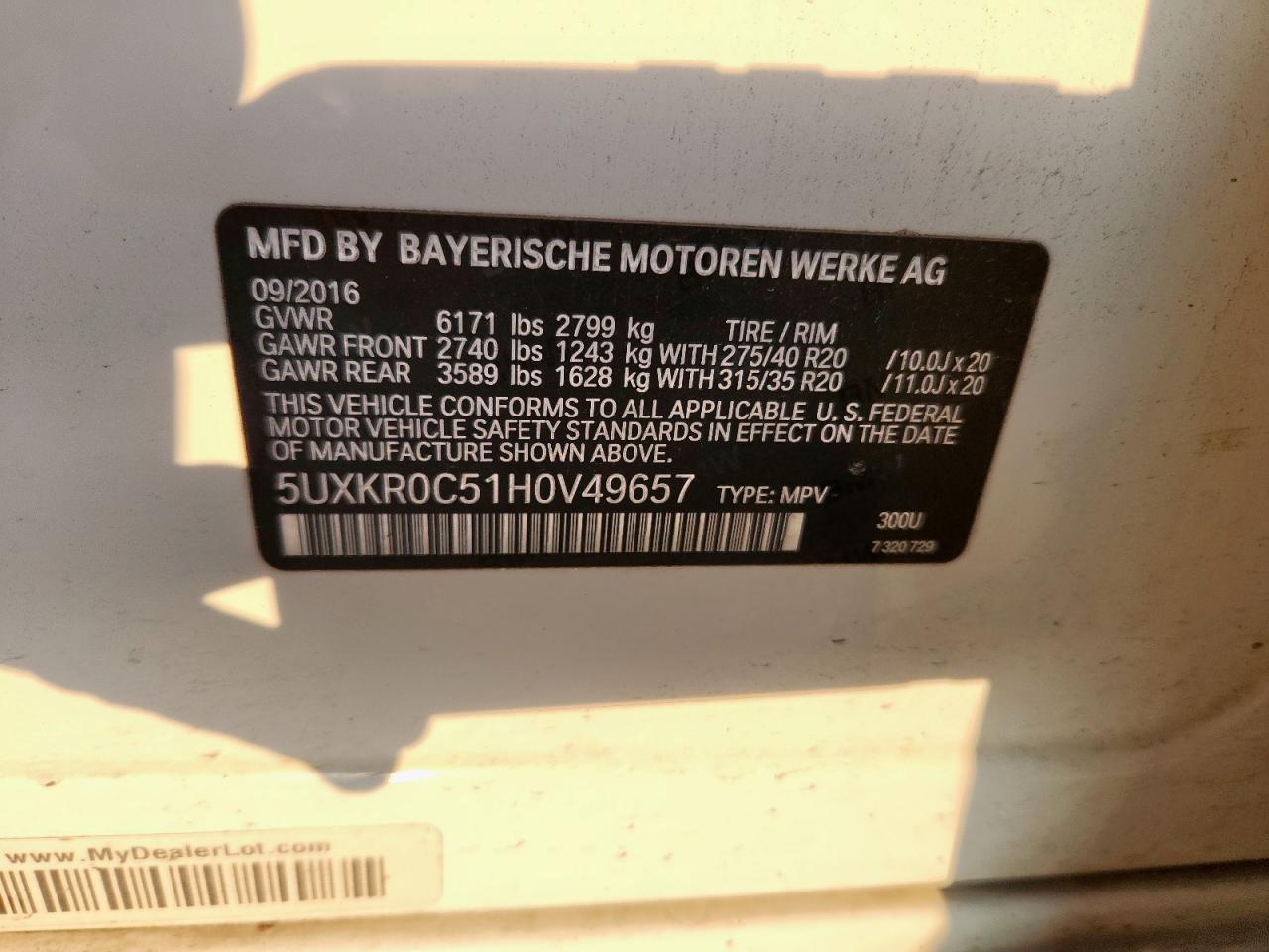 2017 BMW X5 xDrive35I VIN: 5UXKR0C51H0V49657 Lot: 80488785