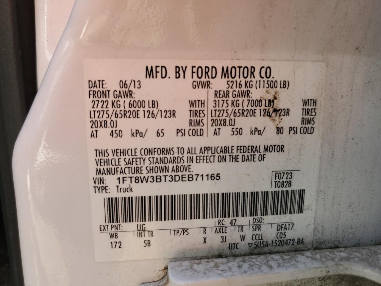 2013 Ford F350 Super Duty VIN: 1FT8W3BT3DEB71165 Lot: 72048265