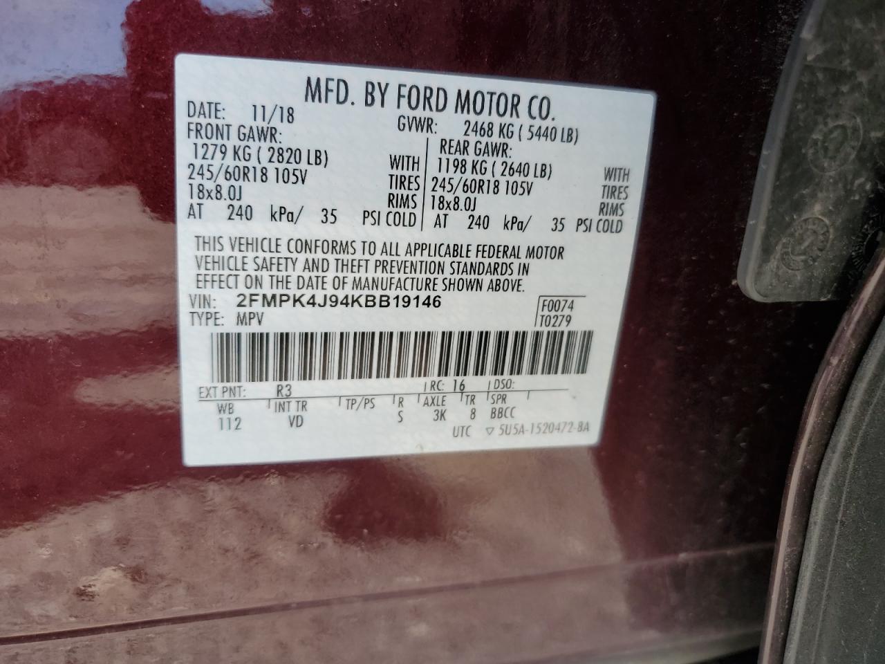 2019 Ford Edge Sel VIN: 2FMPK4J94KBB19146 Lot: 80009595