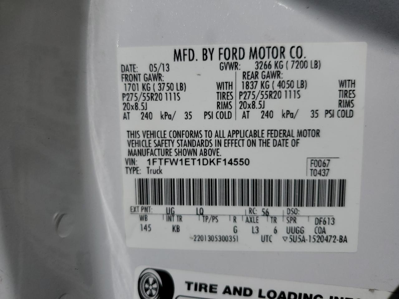 2013 Ford F150 Supercrew VIN: 1FTFW1ET1DKF14550 Lot: 81127865