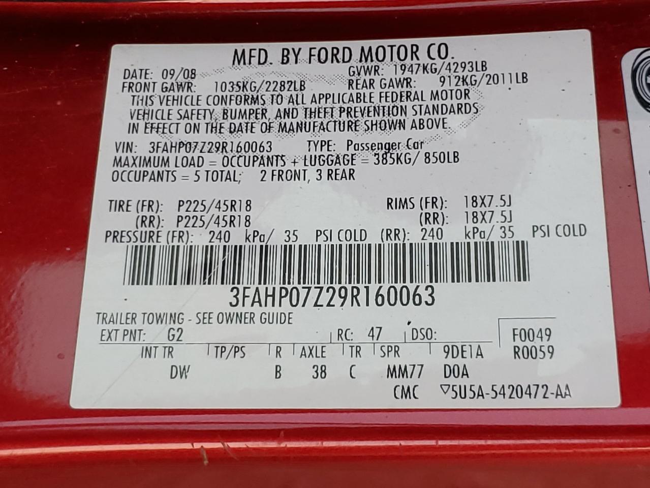 2009 Ford Fusion Se VIN: 3FAHP07Z29R160063 Lot: 81864535