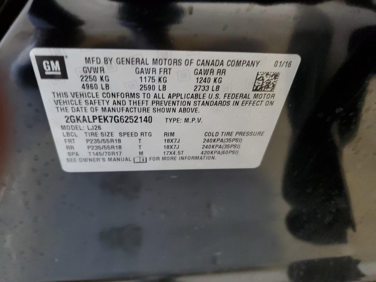 2016 GMC Terrain Slt VIN: 2GKALPEK7G6252140 Lot: 80674835