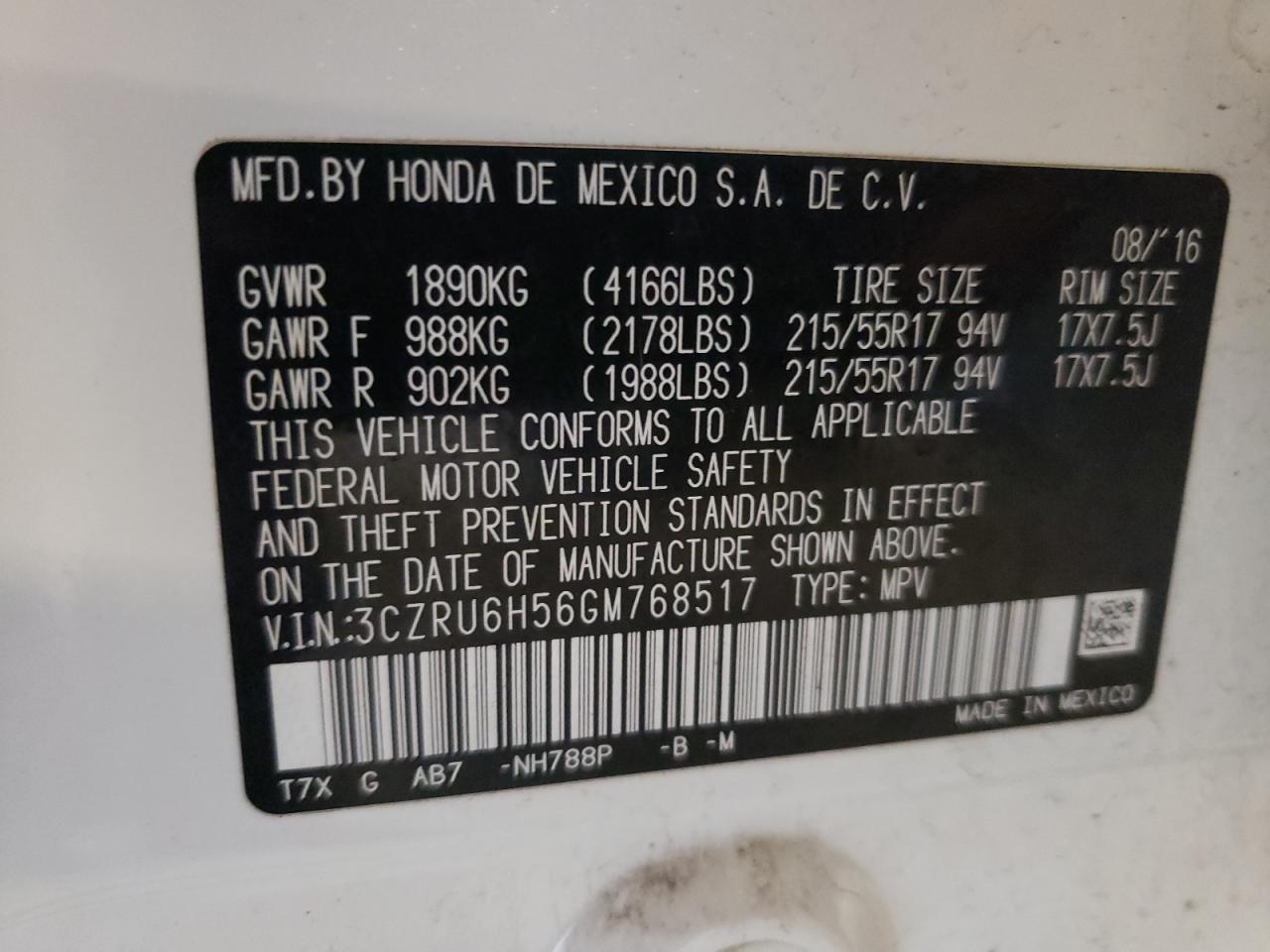2016 Honda Hr-V Ex VIN: 3CZRU6H56GM768517 Lot: 81452795