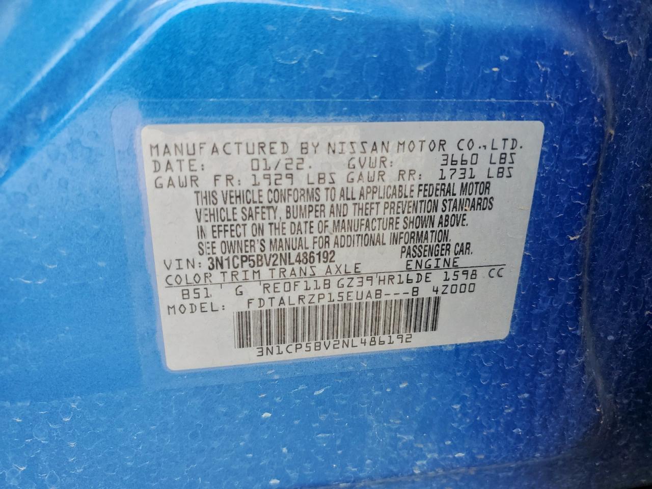 2022 Nissan Kicks S VIN: 3N1CP5BV2NL486192 Lot: 71514465