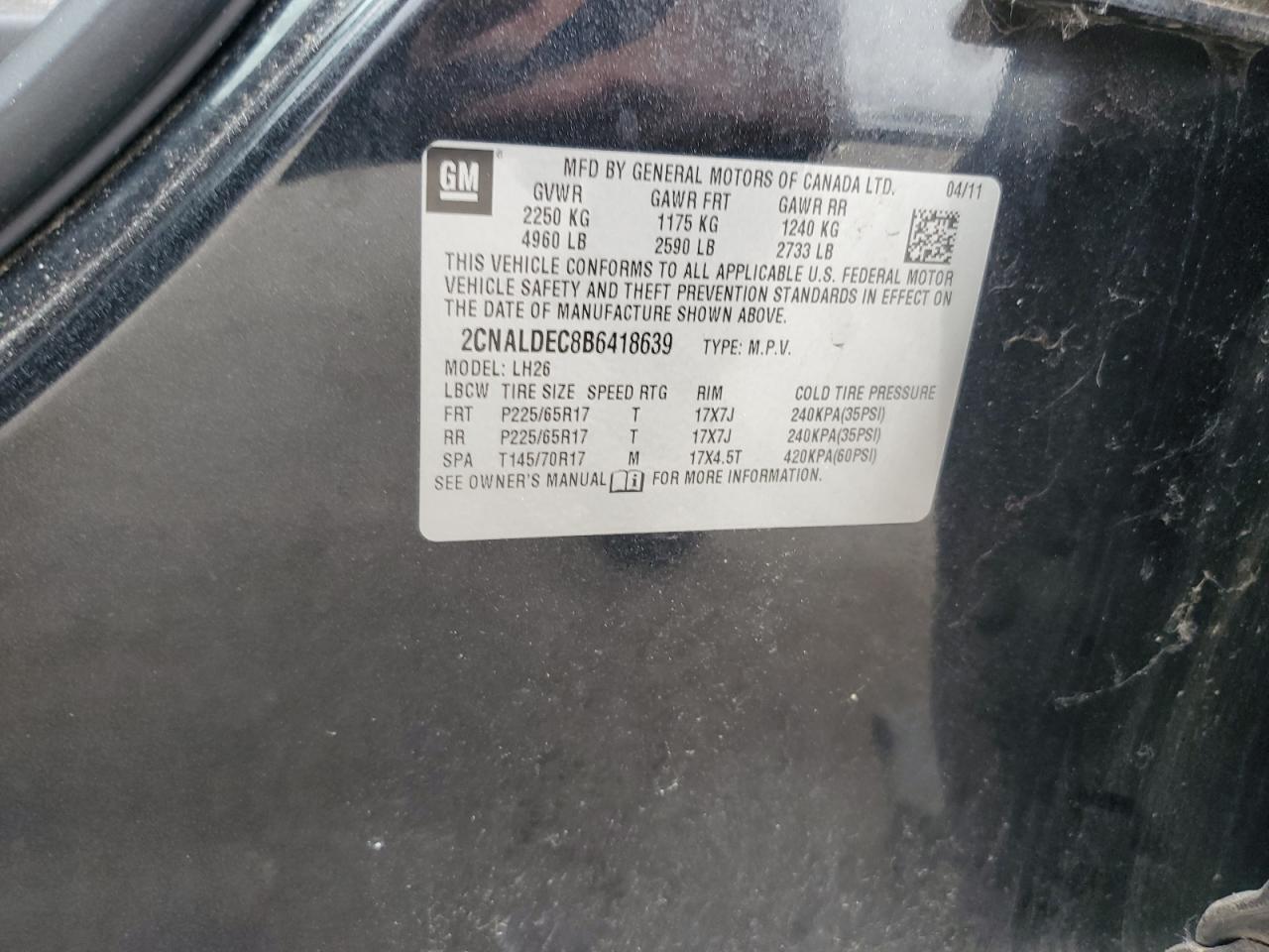 2011 Chevrolet Equinox Lt VIN: 2CNALDEC8B6418639 Lot: 80090045