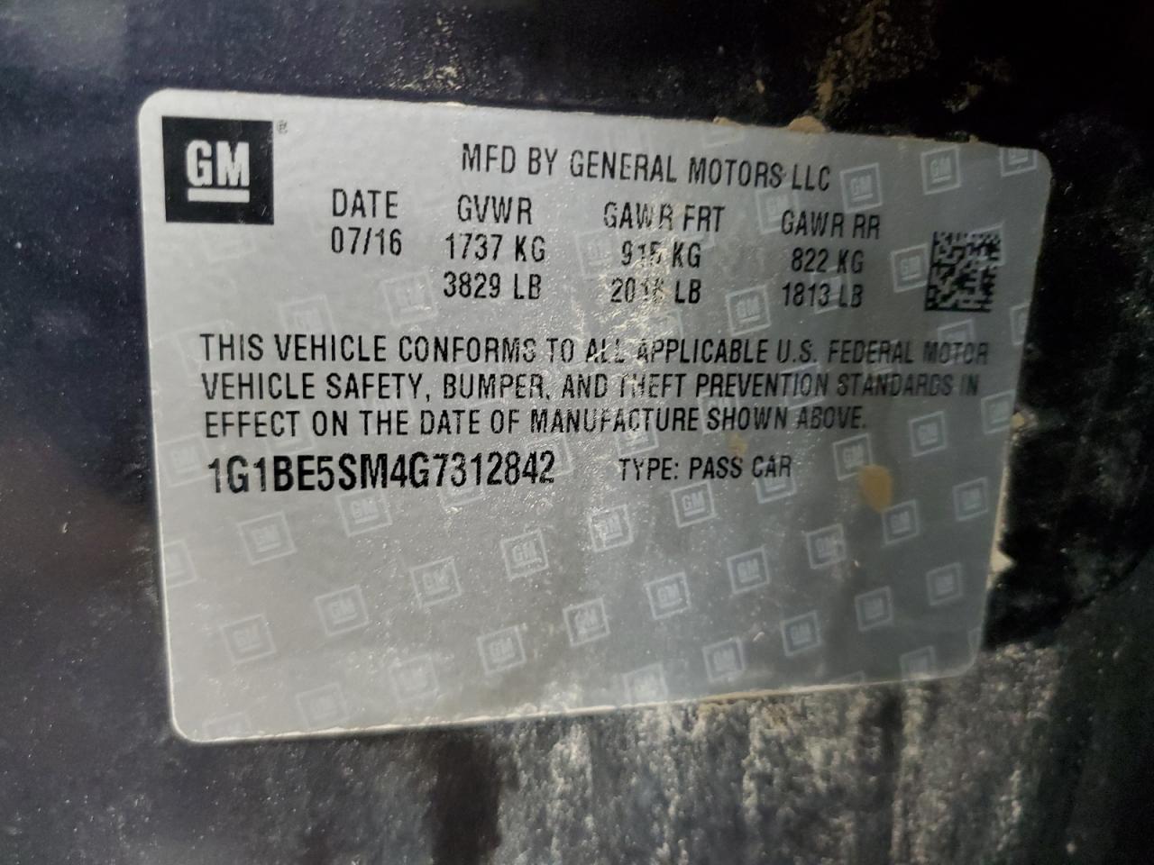 2016 Chevrolet Cruze Lt VIN: 1G1BE5SM4G7312842 Lot: 84451995