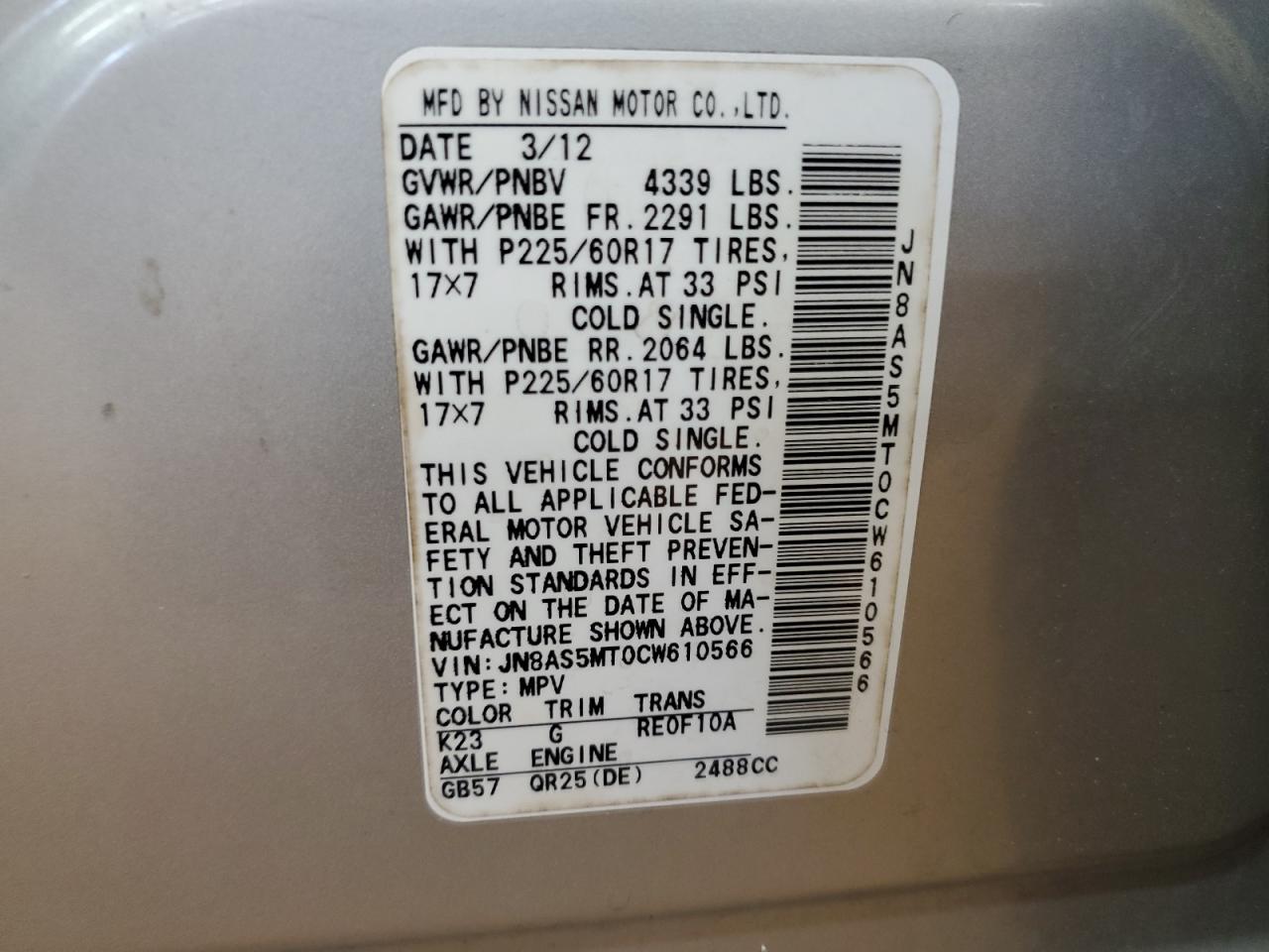 2012 Nissan Rogue S VIN: JN8AS5MT0CW610566 Lot: 81731155