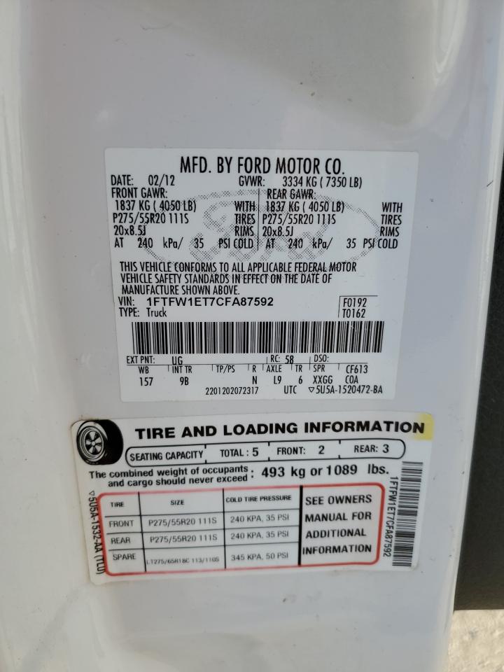 2012 Ford F150 Supercrew VIN: 1FTFW1ET7CFA87592 Lot: 81426665