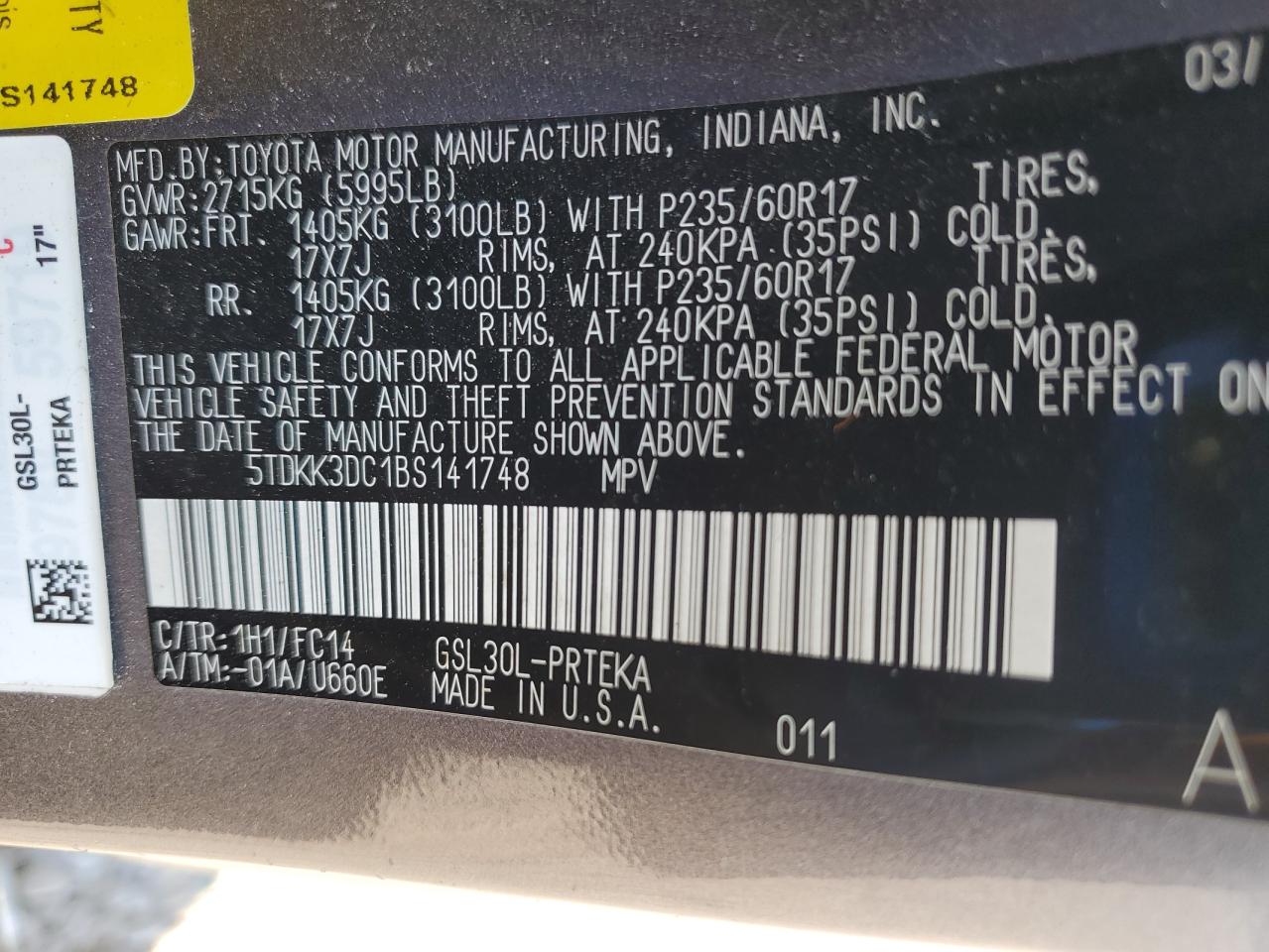 2011 Toyota Sienna Le VIN: 5TDKK3DC1BS141748 Lot: 81907885
