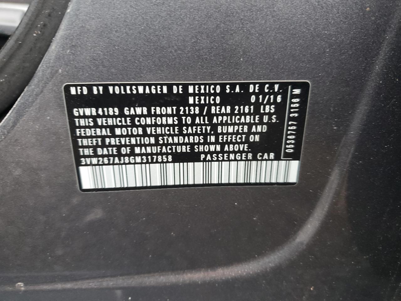 2016 Volkswagen Jetta S VIN: 3VW267AJ8GM317858 Lot: 72076985