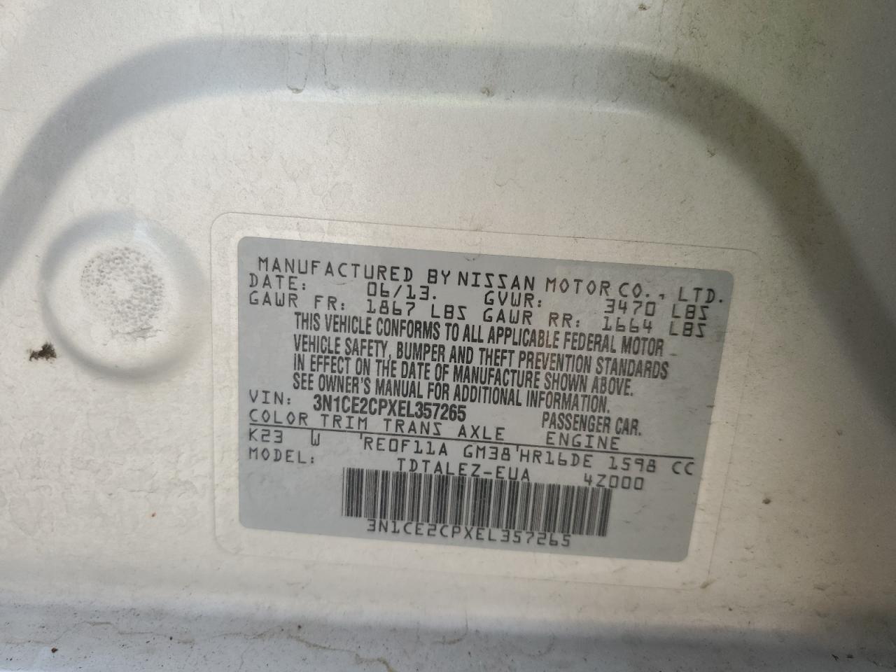 2014 Nissan Versa Note S VIN: 3N1CE2CPXEL357265 Lot: 83812855