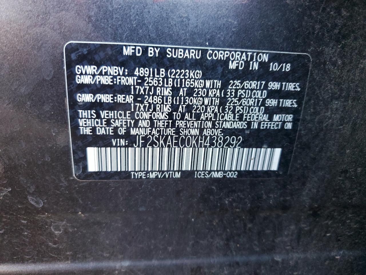 2019 Subaru Forester Premium VIN: JF2SKAEC0KH438292 Lot: 81281905