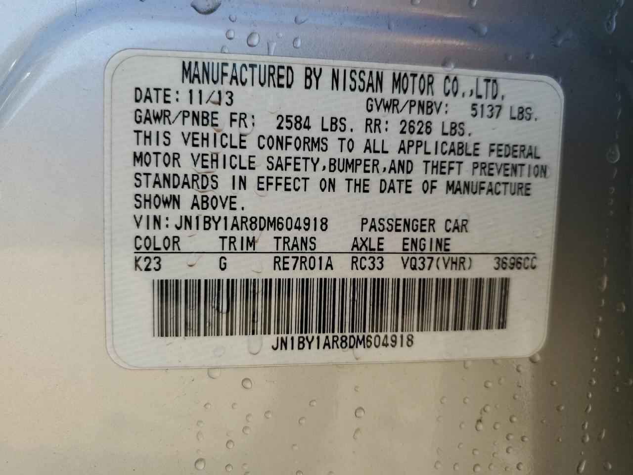 2013 Infiniti M37 X VIN: JN1BY1AR8DM604918 Lot: 83875155