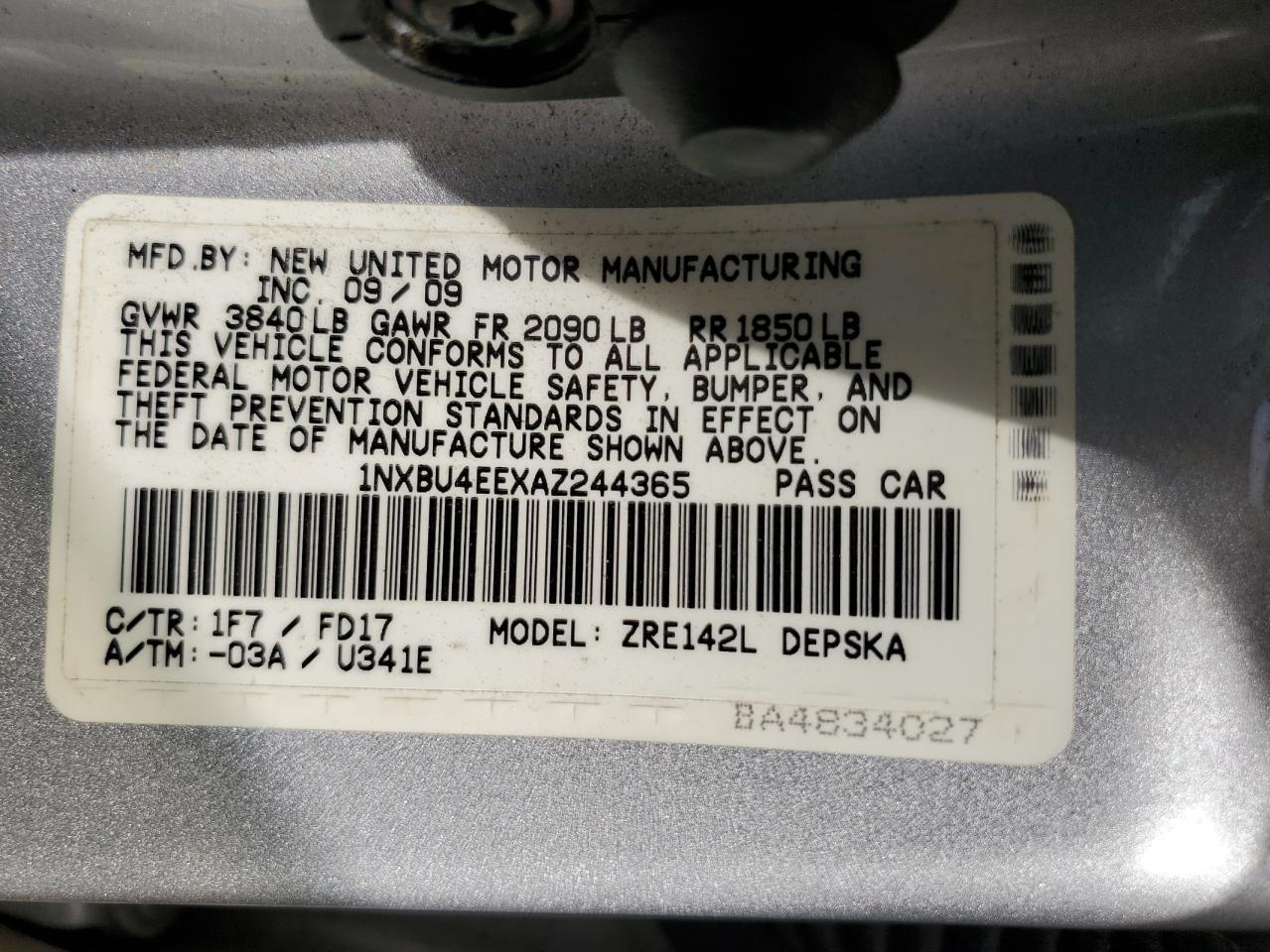 2010 Toyota Corolla Base VIN: 1NXBU4EEXAZ244365 Lot: 81817725