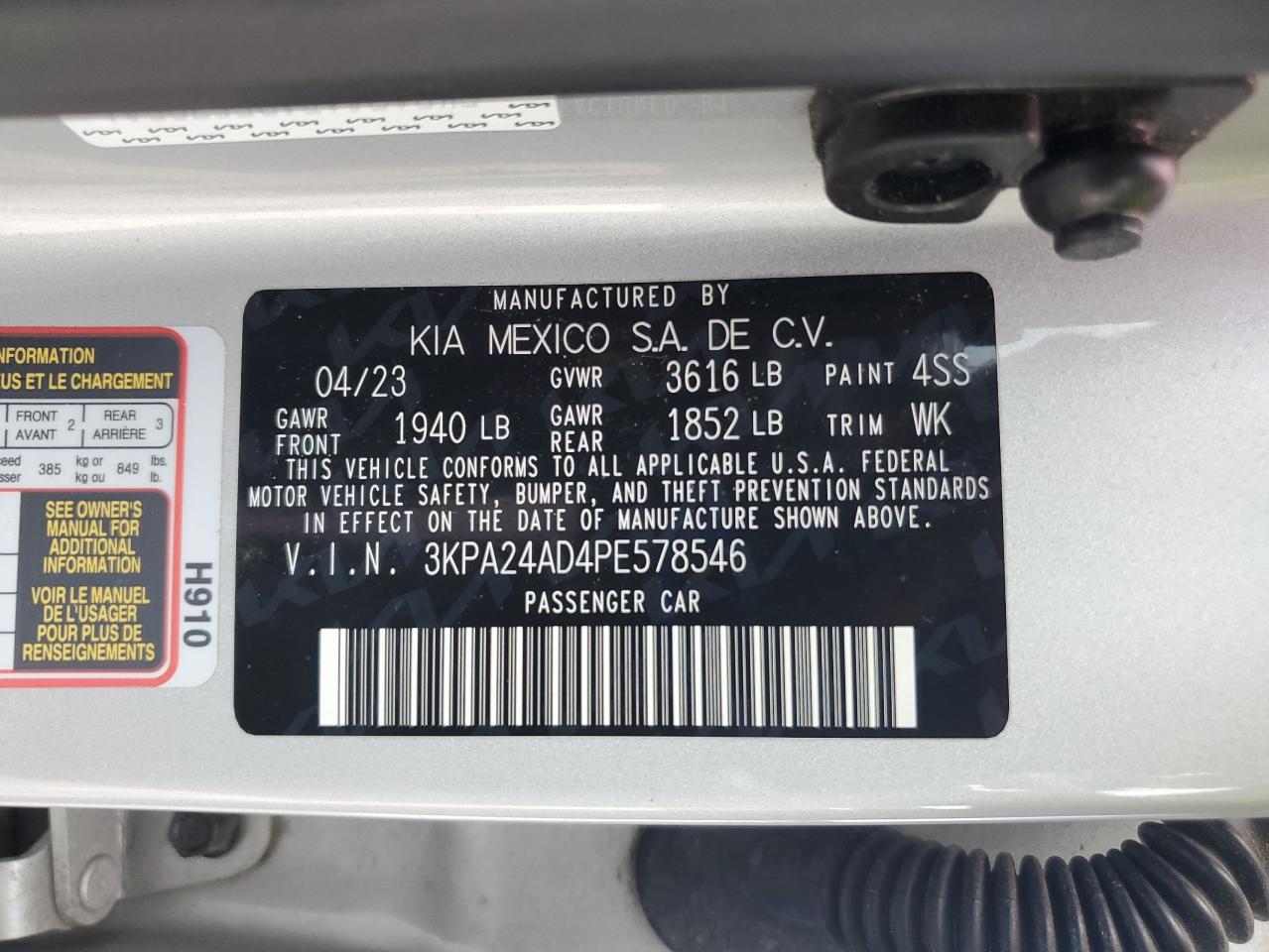 2023 Kia Rio Lx VIN: 3KPA24AD4PE578546 Lot: 72078105