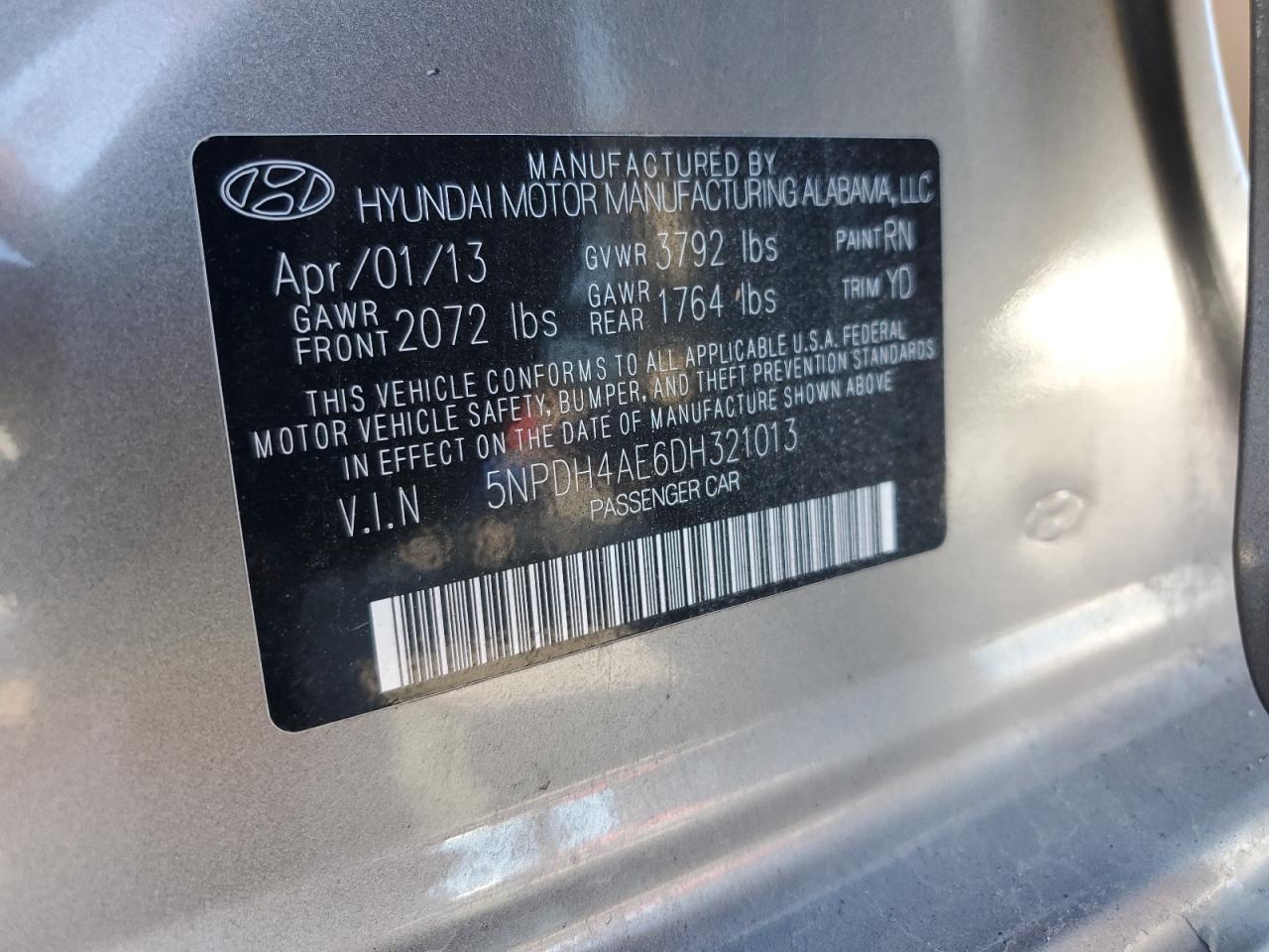 2013 Hyundai Elantra Gls VIN: 5NPDH4AE6DH321013 Lot: 71746165