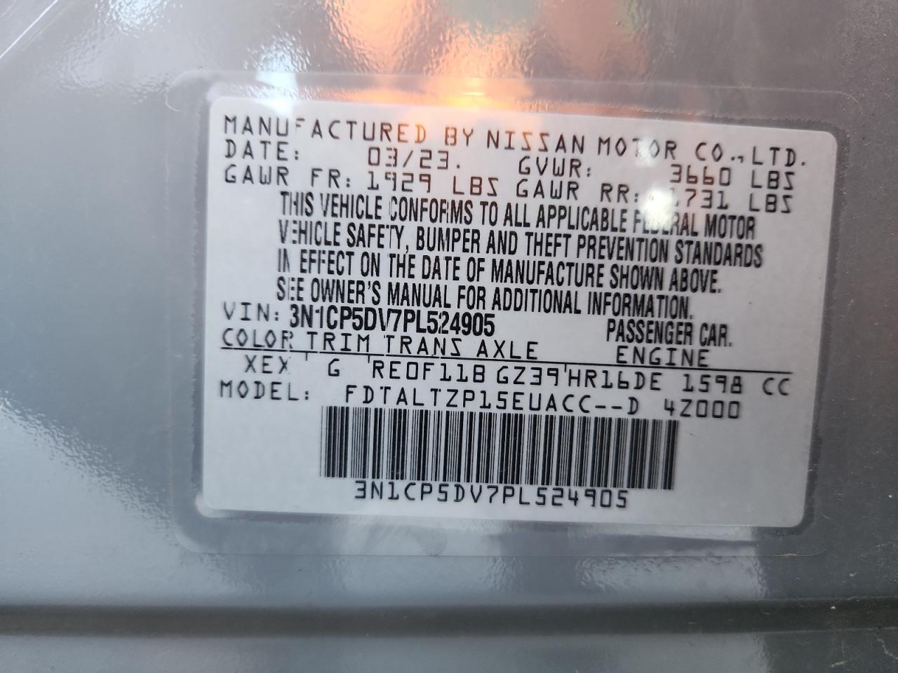 2023 Nissan Kicks Sr VIN: 3N1CP5DV7PL524905 Lot: 84019325
