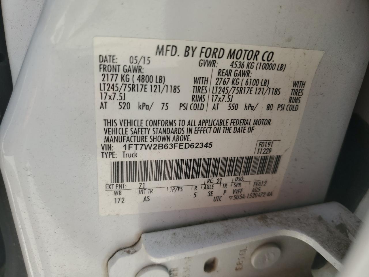 2015 Ford F250 Super Duty VIN: 1FT7W2B63FED62345 Lot: 70455985