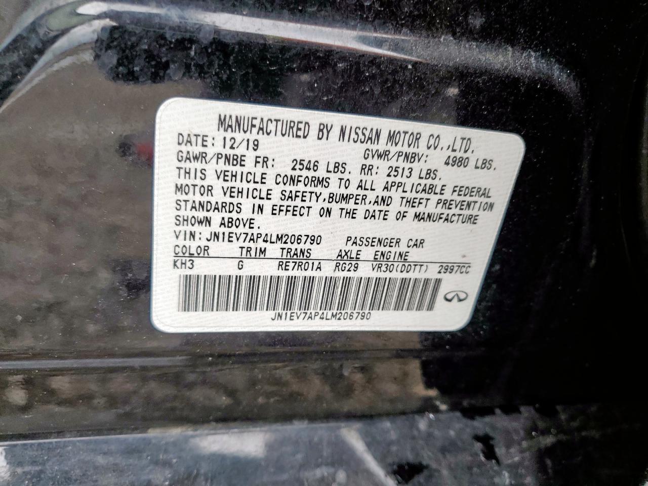 2020 Infiniti Q50 Pure VIN: JN1EV7AP4LM206790 Lot: 82138055