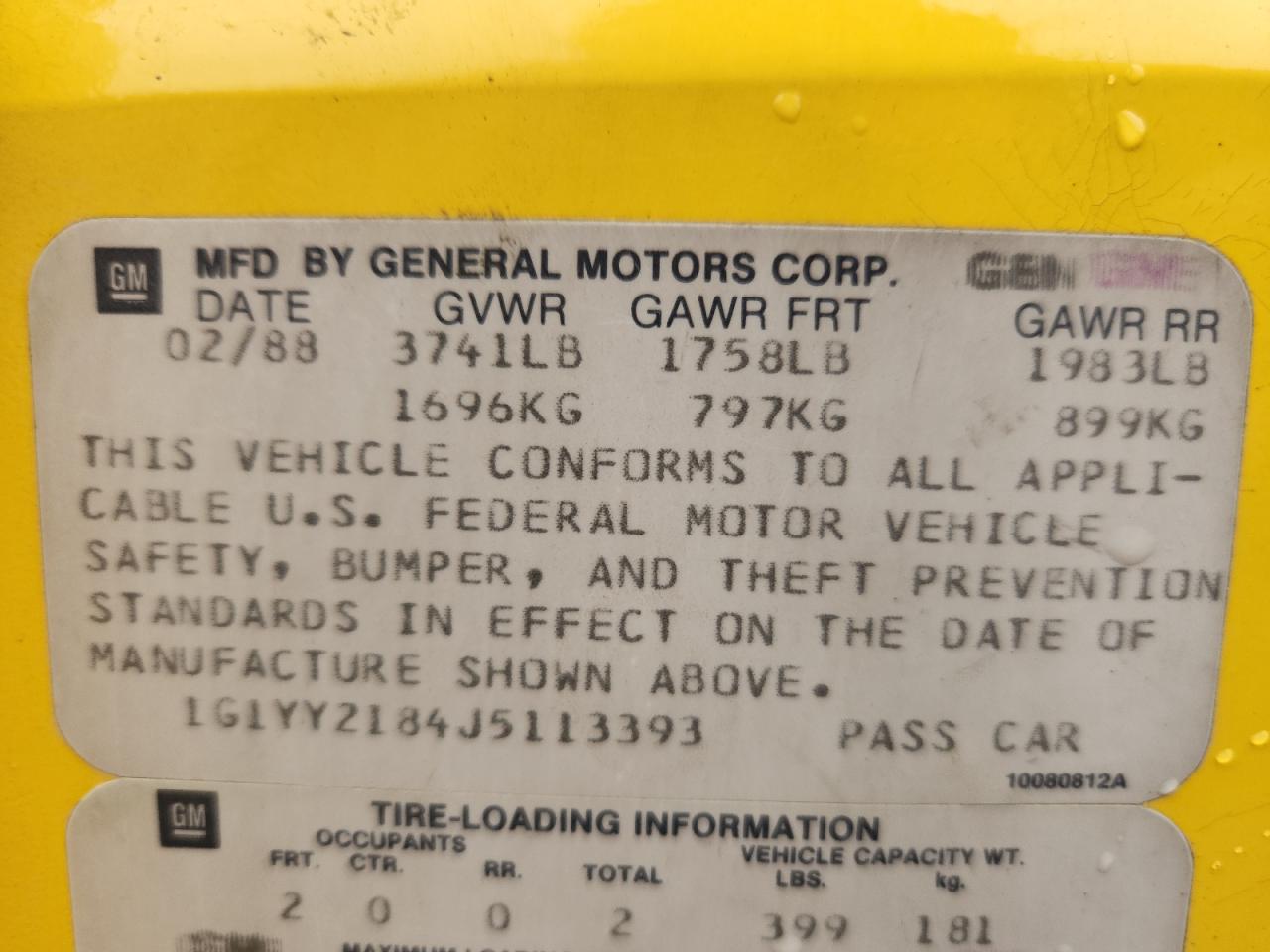 1988 Chevrolet Corvette VIN: 1G1YY2184J5113393 Lot: 80194525