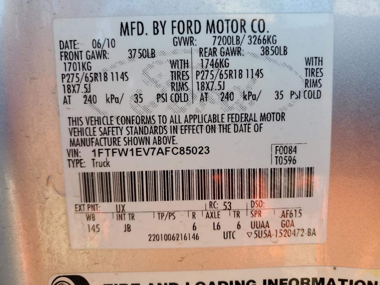 2010 Ford F150 Supercrew VIN: 1FTFW1EV7AFC85023 Lot: 83980655