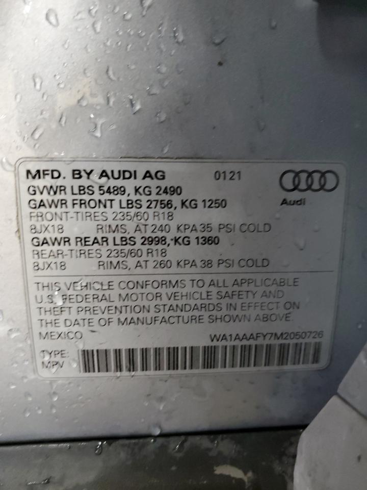 2021 Audi Q5 Premium VIN: WA1AAAFY7M2050726 Lot: 81464125