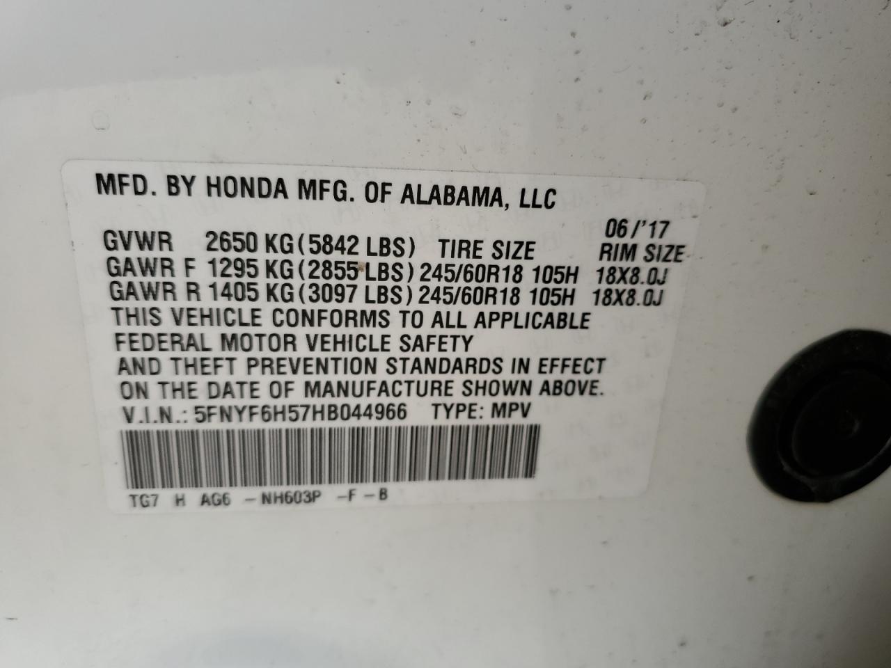 2017 Honda Pilot Exl VIN: 5FNYF6H57HB044966 Lot: 81537455