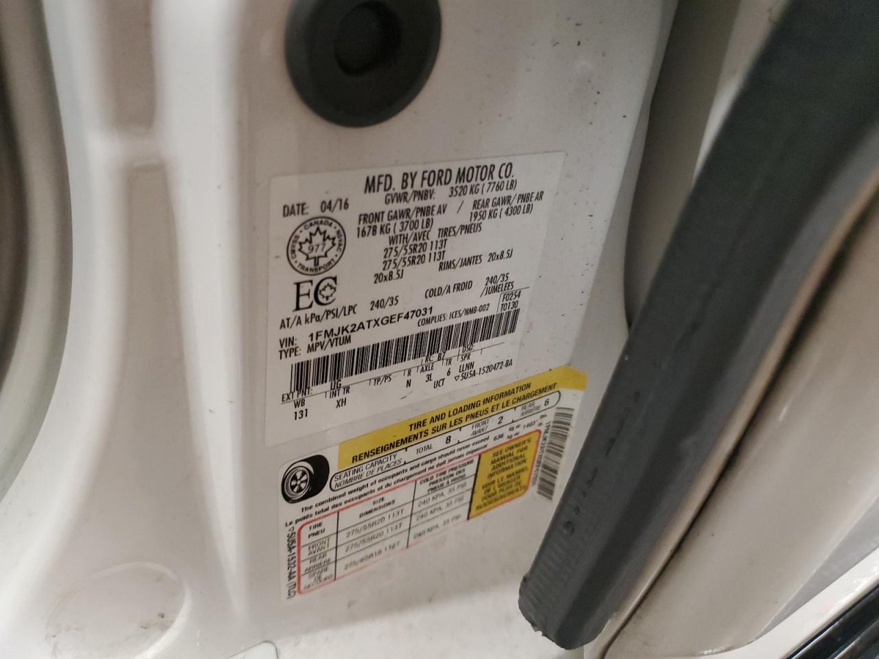 2016 Ford Expedition El Limited VIN: 1FMJK2ATXGEF47031 Lot: 80175215