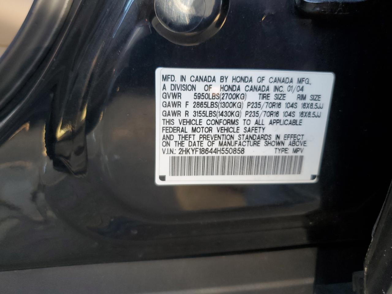 2004 Honda Pilot Exl VIN: 2HKYF18644H550858 Lot: 84262845