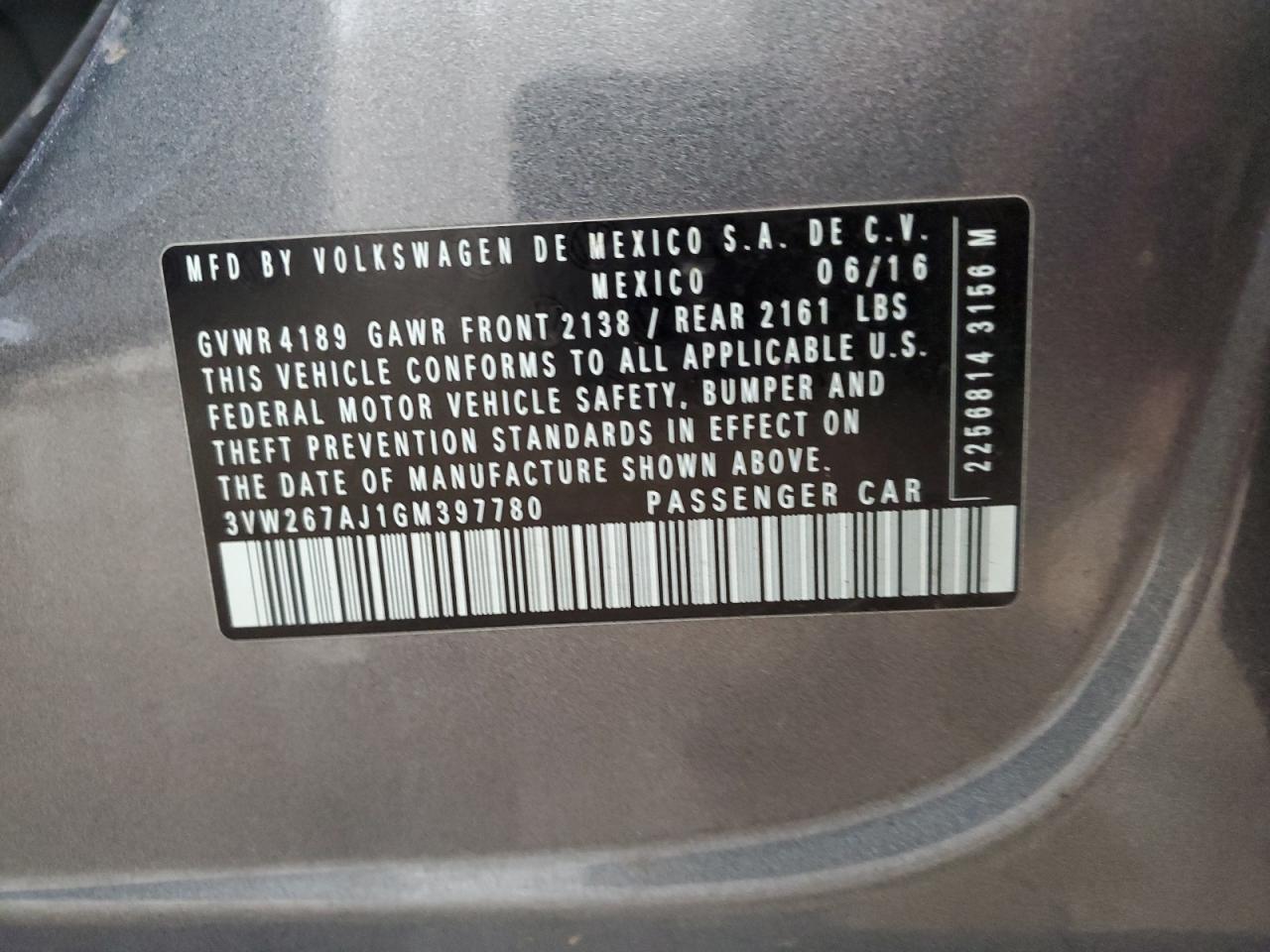 2016 Volkswagen Jetta S VIN: 3VW267AJ1GM397780 Lot: 83938425