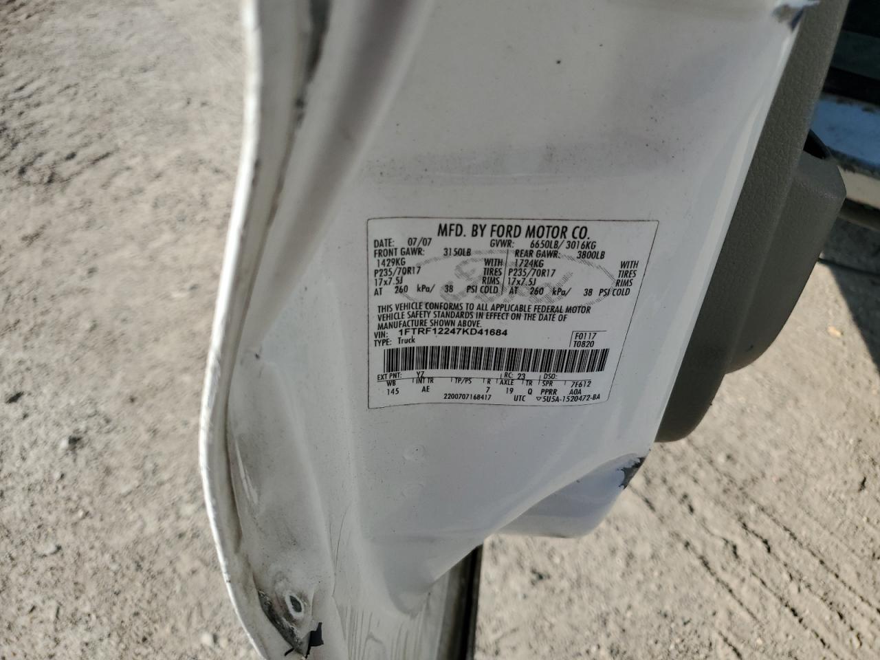 2007 Ford F150 VIN: 1FTRF12247KD41684 Lot: 80264295