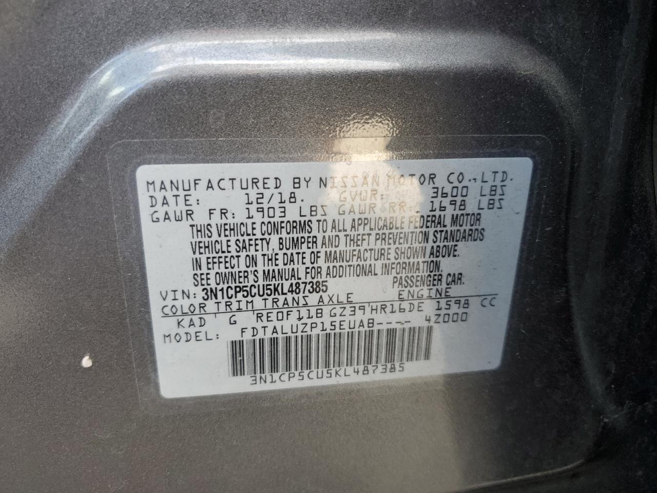 2019 Nissan Kicks S VIN: 3N1CP5CU5KL487385 Lot: 80320535