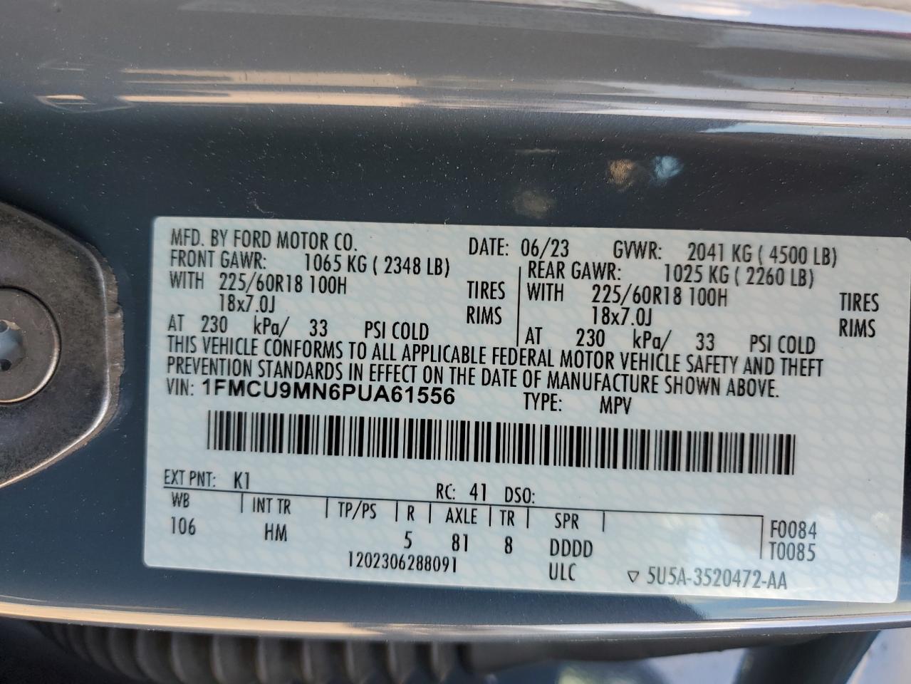 2023 Ford Escape St Line VIN: 1FMCU9MN6PUA61556 Lot: 71551965