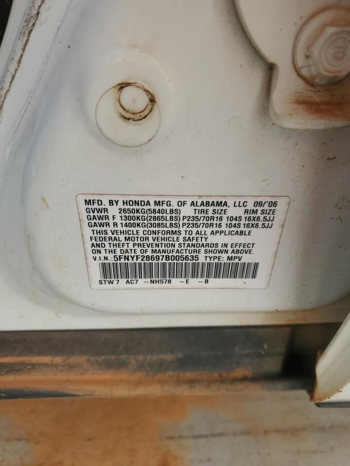 2007 Honda Pilot Exl VIN: 5FNYF28697B005635 Lot: 71771675