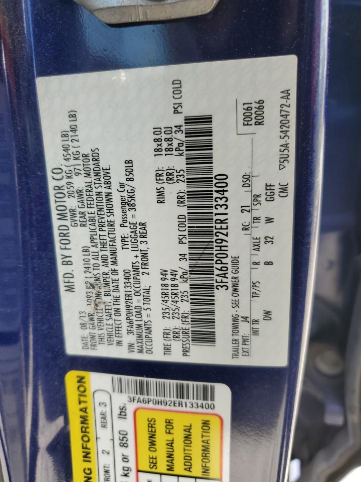 2014 Ford Fusion Se VIN: 3FA6P0H92ER133400 Lot: 81891675