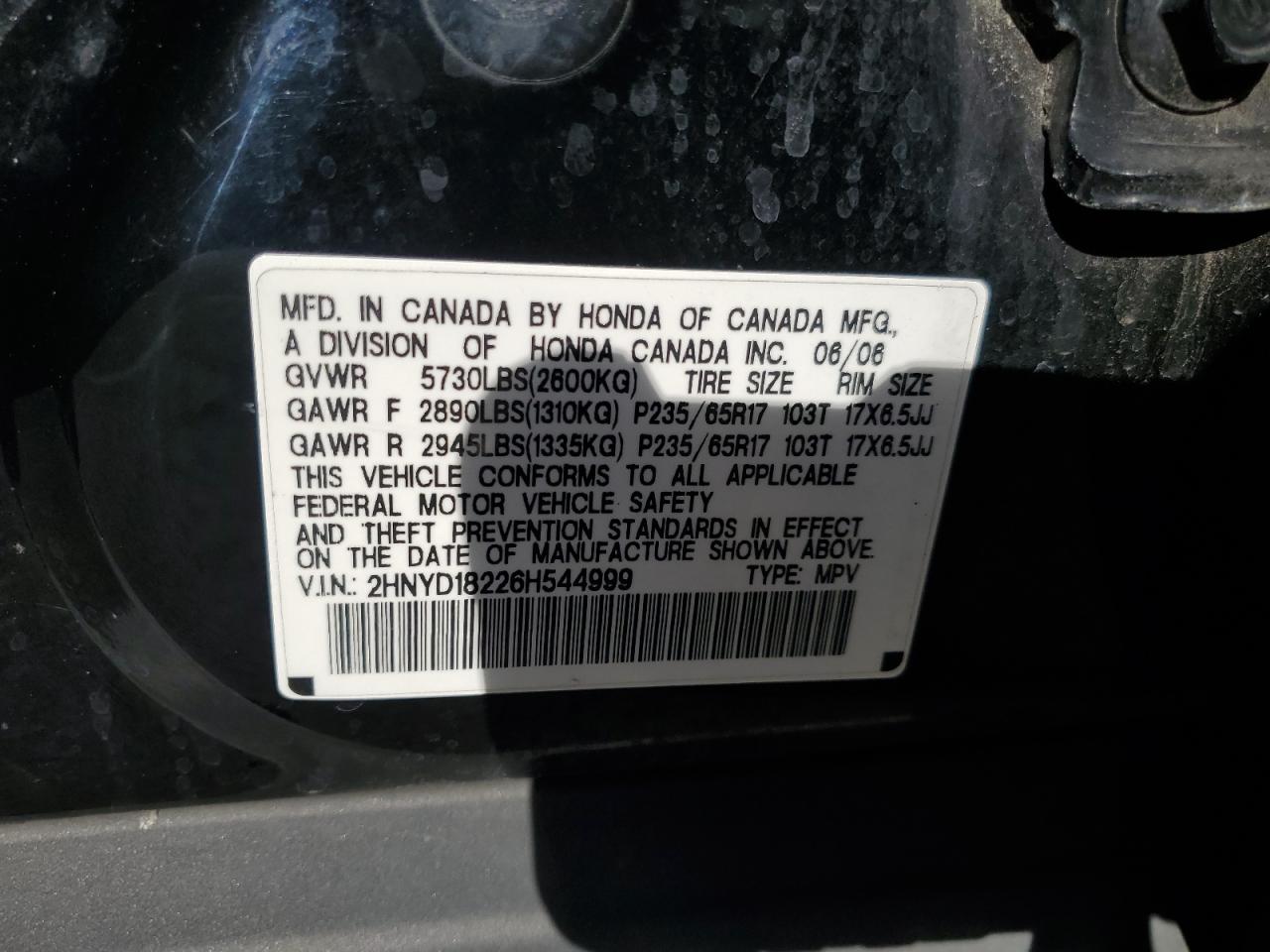 2006 Acura Mdx VIN: 2HNYD18226H544999 Lot: 91147175