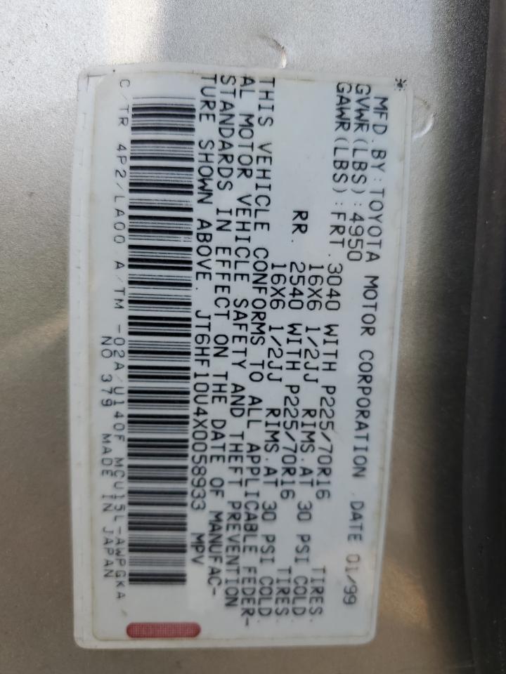 1999 Lexus Rx 300 VIN: JT6HF10U4X0058933 Lot: 80376025