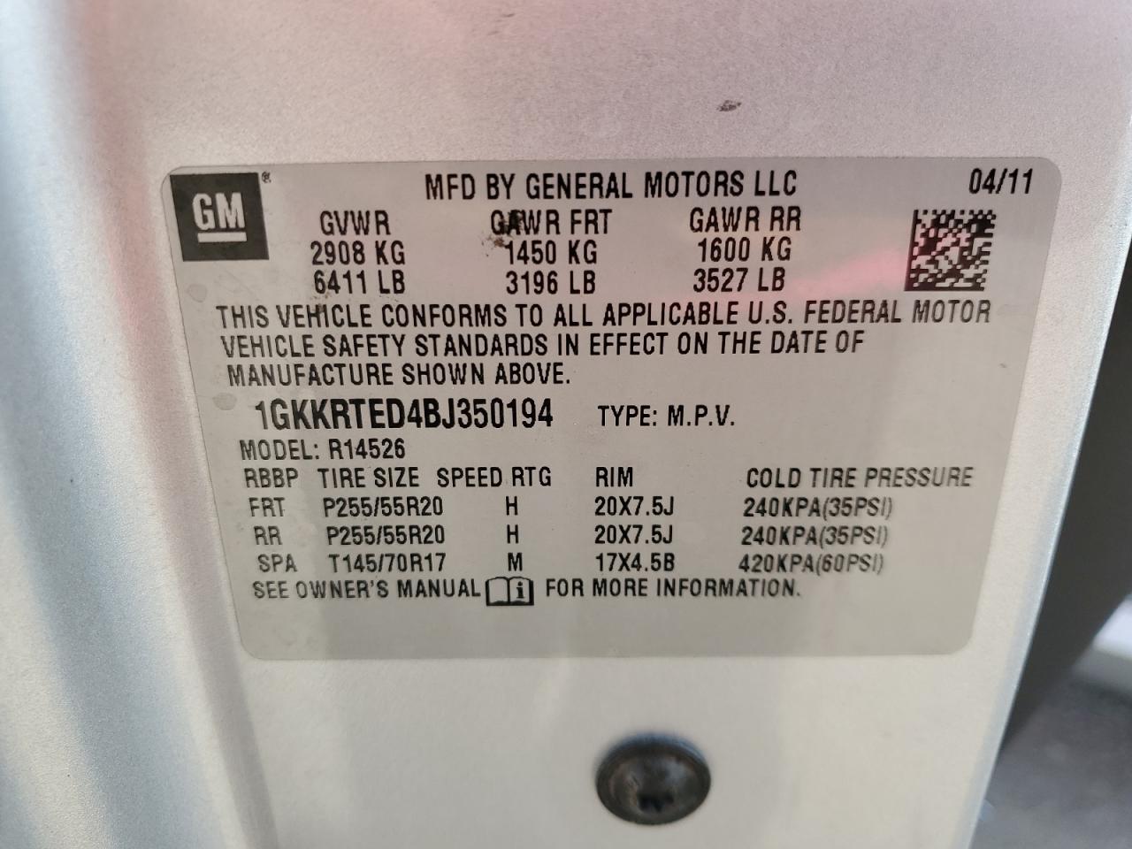 2011 GMC Acadia Denali VIN: 1GKKRTED4BJ350194 Lot: 80732655