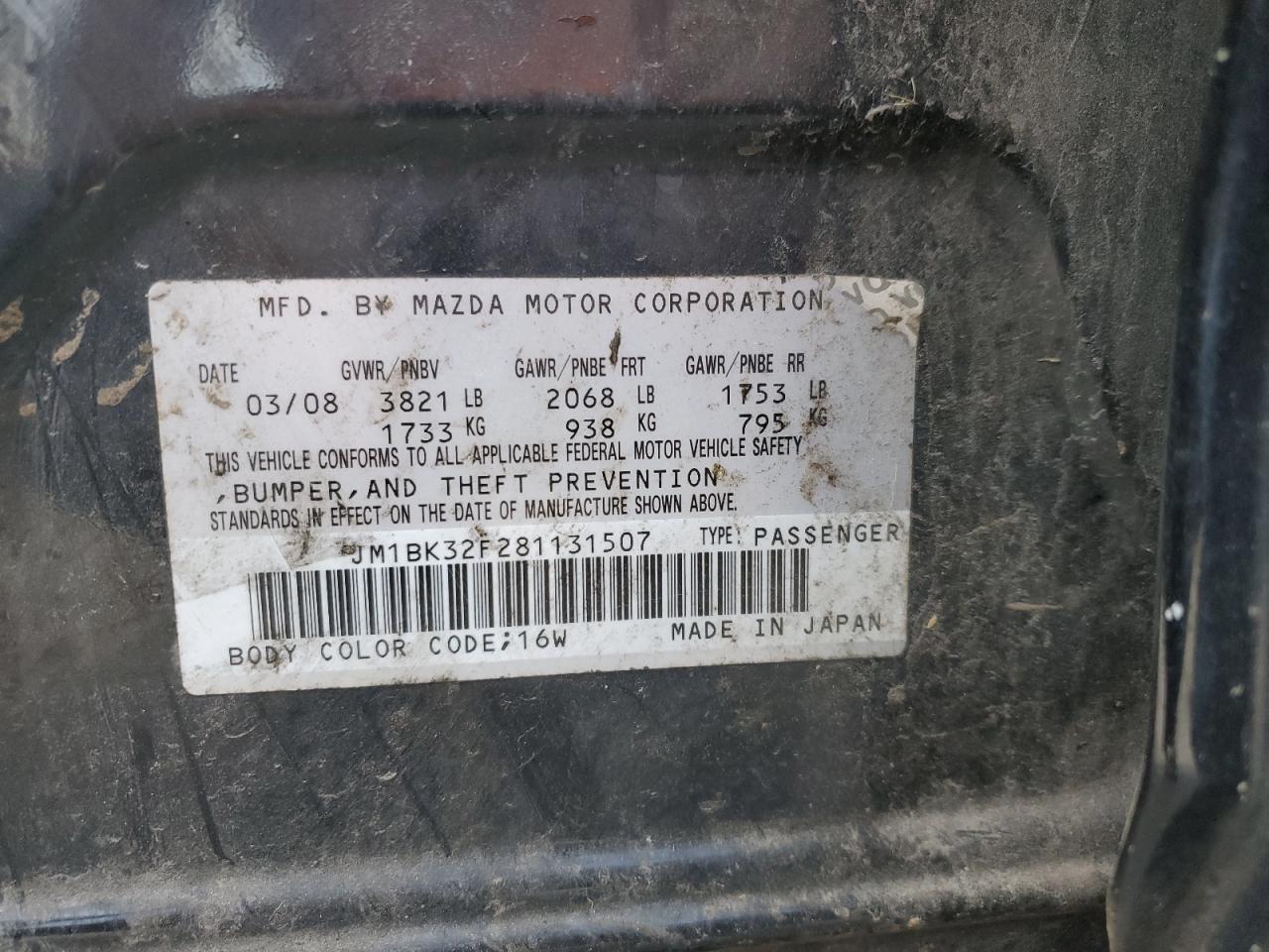 2008 Mazda 3 I VIN: JM1BK32F281131507 Lot: 81075785