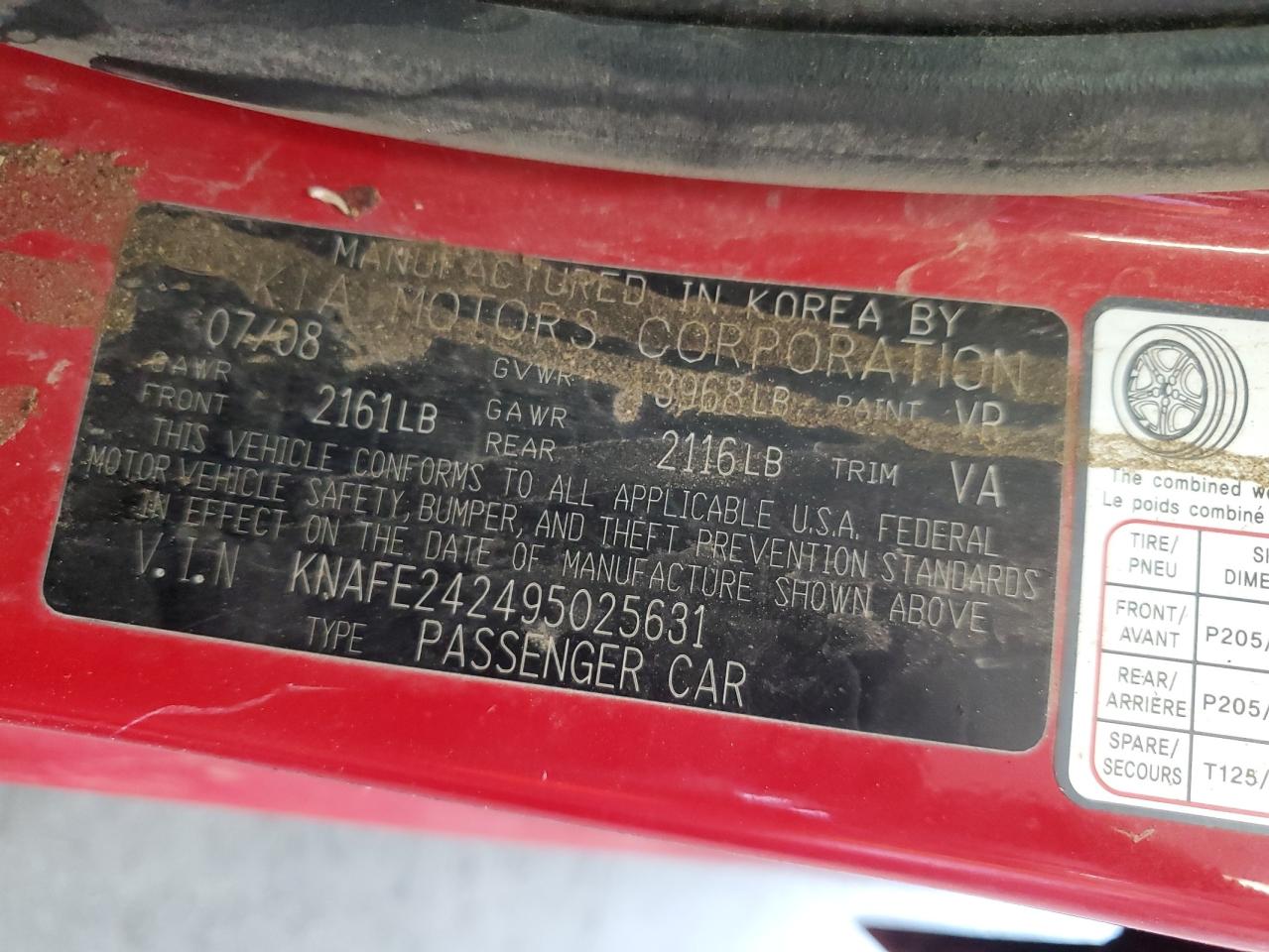 2009 Kia Spectra Sx VIN: KNAFE242495025631 Lot: 81474235