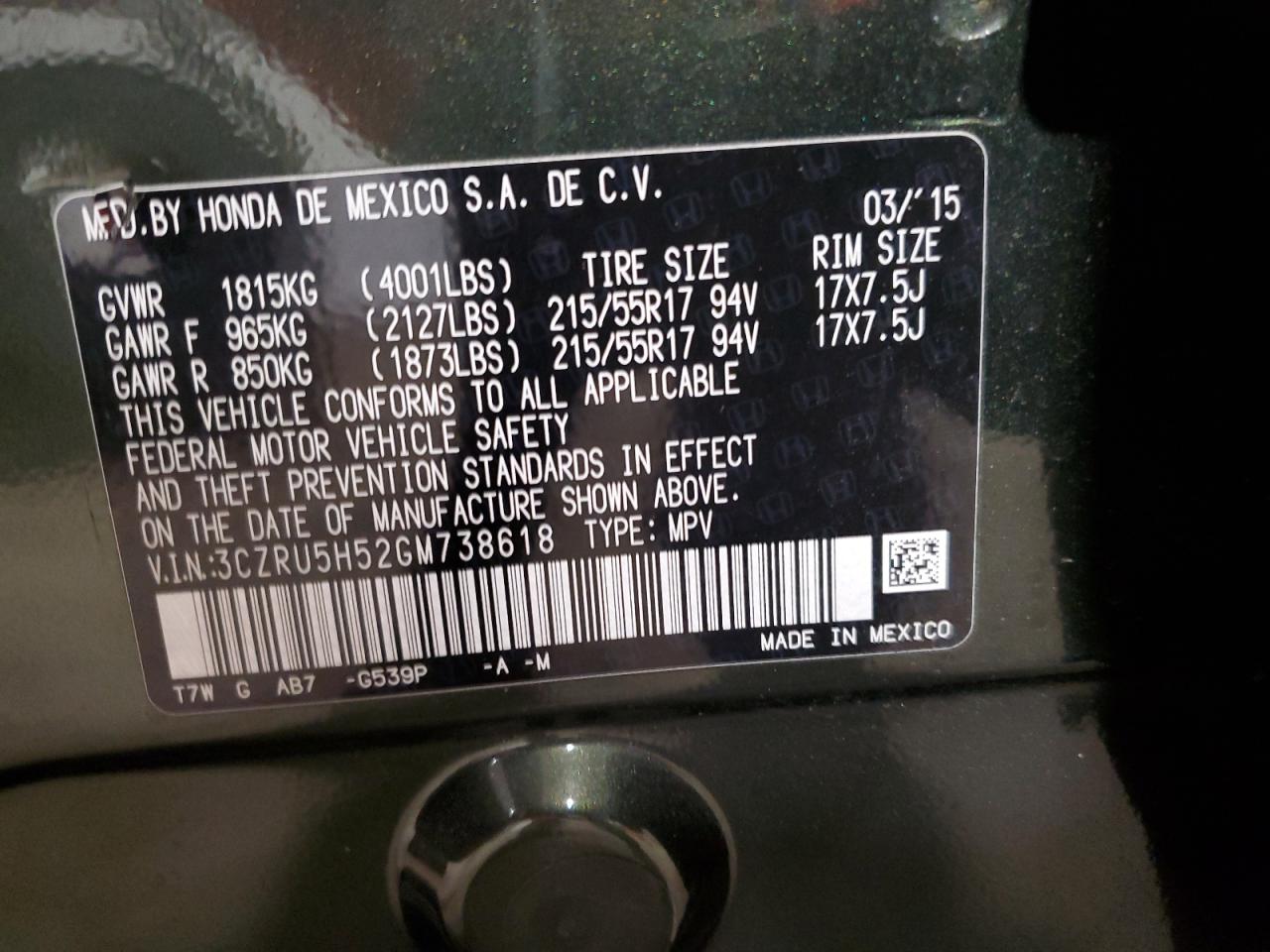 2016 Honda Hr-V Ex VIN: 3CZRU5H52GM738618 Lot: 84699825