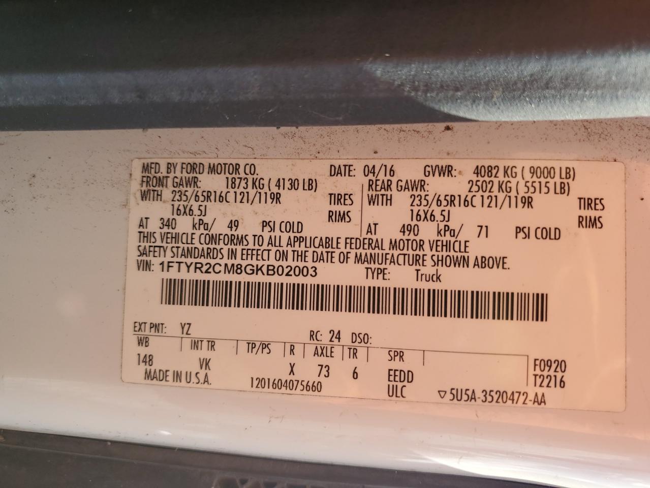 2016 Ford Transit T-250 VIN: 1FTYR2CM8GKB02003 Lot: 90359825