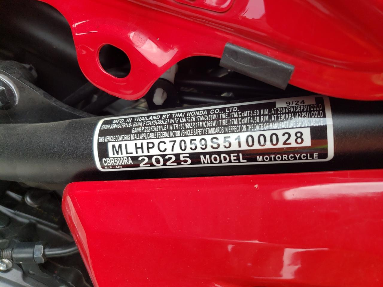 2025 Honda Cbr500 Ra VIN: MLHPC7059S5100028 Lot: 83773105